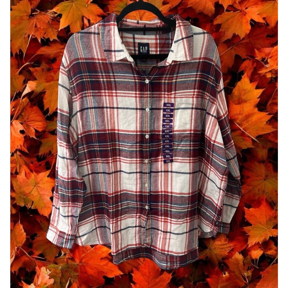 NWT GAP Button Down Boyfriend Flannel Shirt Womens SIZE XXL Fall Red White Plaid